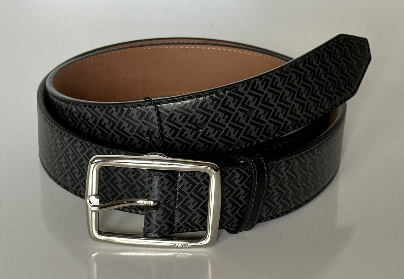 Nwt $590 Fendi Ff Logo Calf Leather Black/Grey Belt 110/44 Italy 7c0434